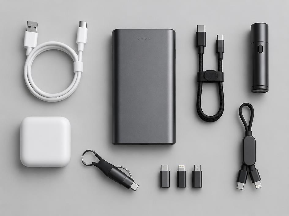 Power bank, cables and charging accessories on a grey surface