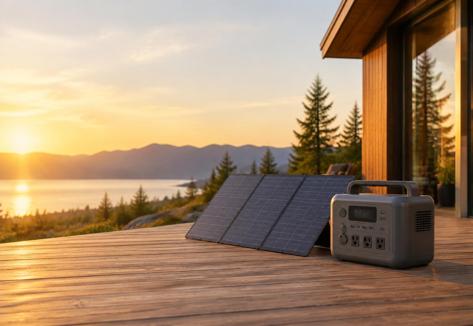 Portable power station and foldable solar panel on a wooden deck at sunset